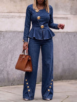 Women's Casual Loose-fit Denim Set: Long-sleeve Crew-neck Top And High-waisted Wide-leg Jeans