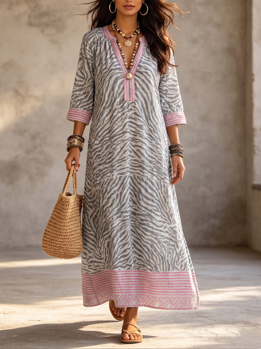 Casual Linen-cotton Dress Featuring A Mix Of Zebra And Striped Prints.