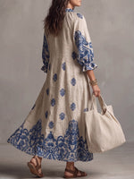 Vintage Art Comfortable Fabrics Cotton Linen Patterned Print Dress