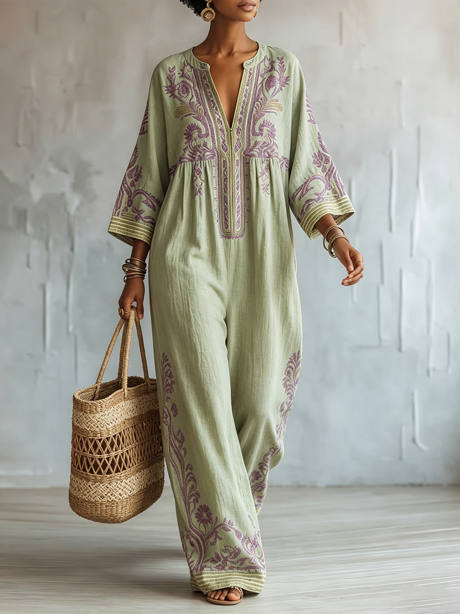 Boho-chic Sage Green Cotton-linen Jumpsuit