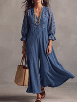 Vintage Elegant Waffle Patchwork Cutout Lace Jumpsuit
