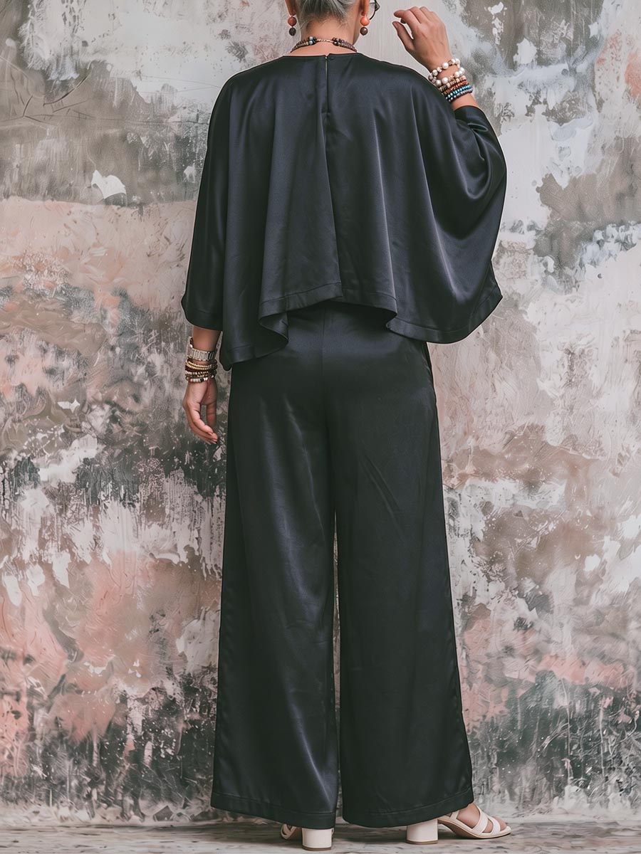 Women's Satin Set: Casual Loose-fit Round-neck 3/4 Sleeve Top And High-waisted Wide-leg Pants