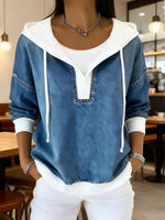 Chic Two-Tone Denim V-Neck Pullover Hoodie