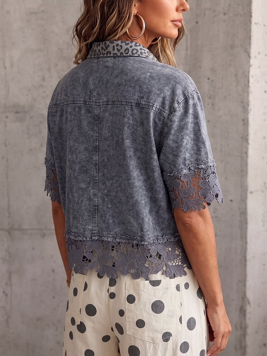 Vintage Elegant Denim Patchwork Cutout Floral Embroidered Lace Shirt