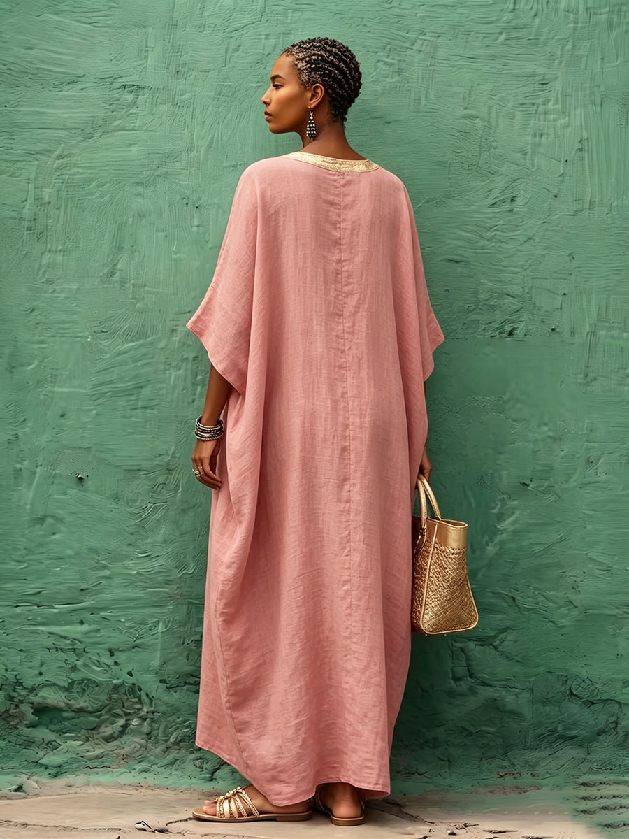 Bohemian Gold V-neck Cotton-linen Maxi Dress