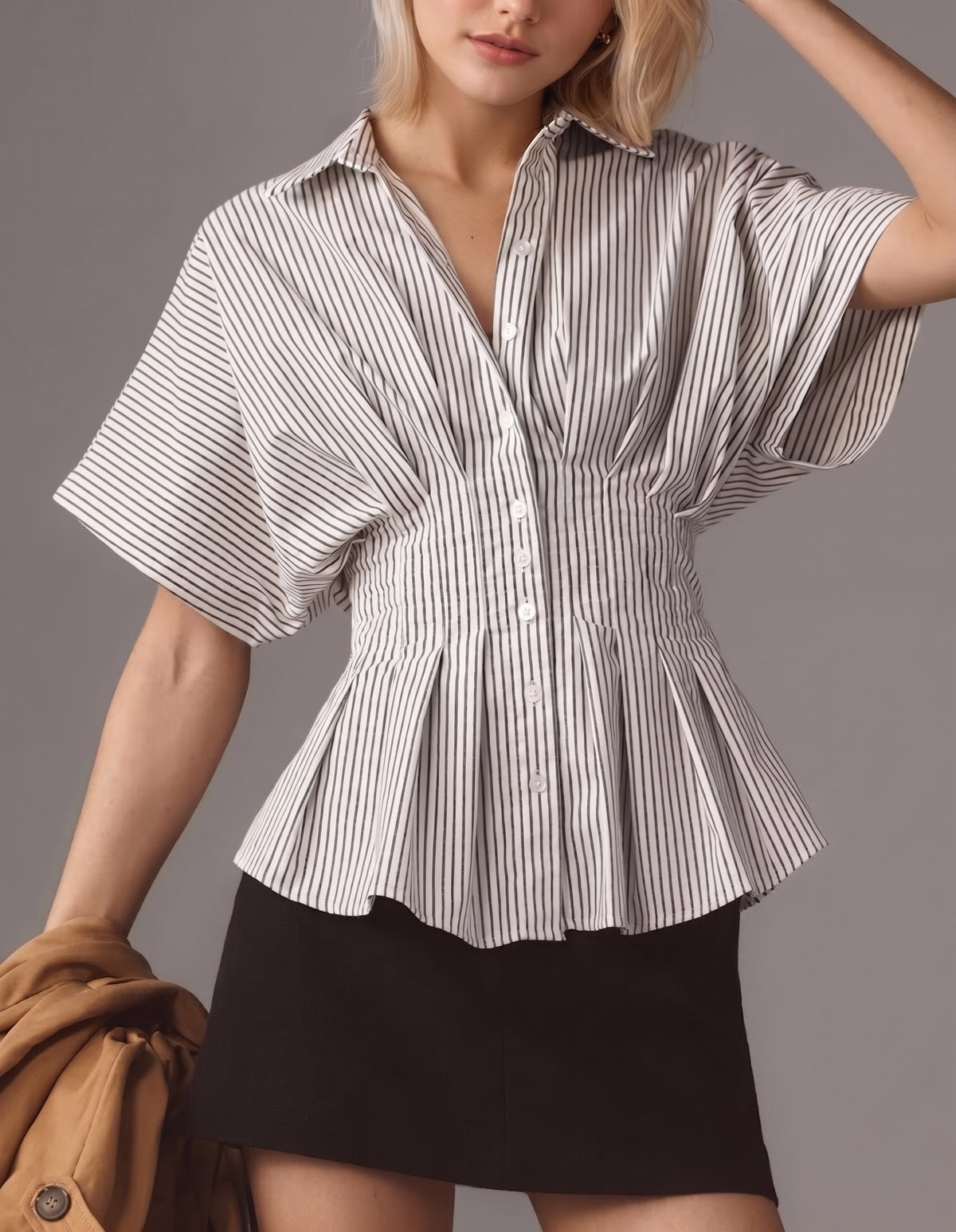 Women's Casual Versatile Striped Pleated Waist Slimming Top