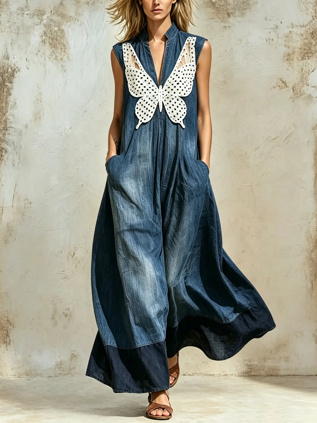 Women Denim Polka Dot Butterfly Applique Stand Collar Sleeveless Maxi Dress