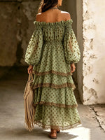 Women Big Polka Dot Lace Off Shoulder Irregular Tiered Maxi Dress