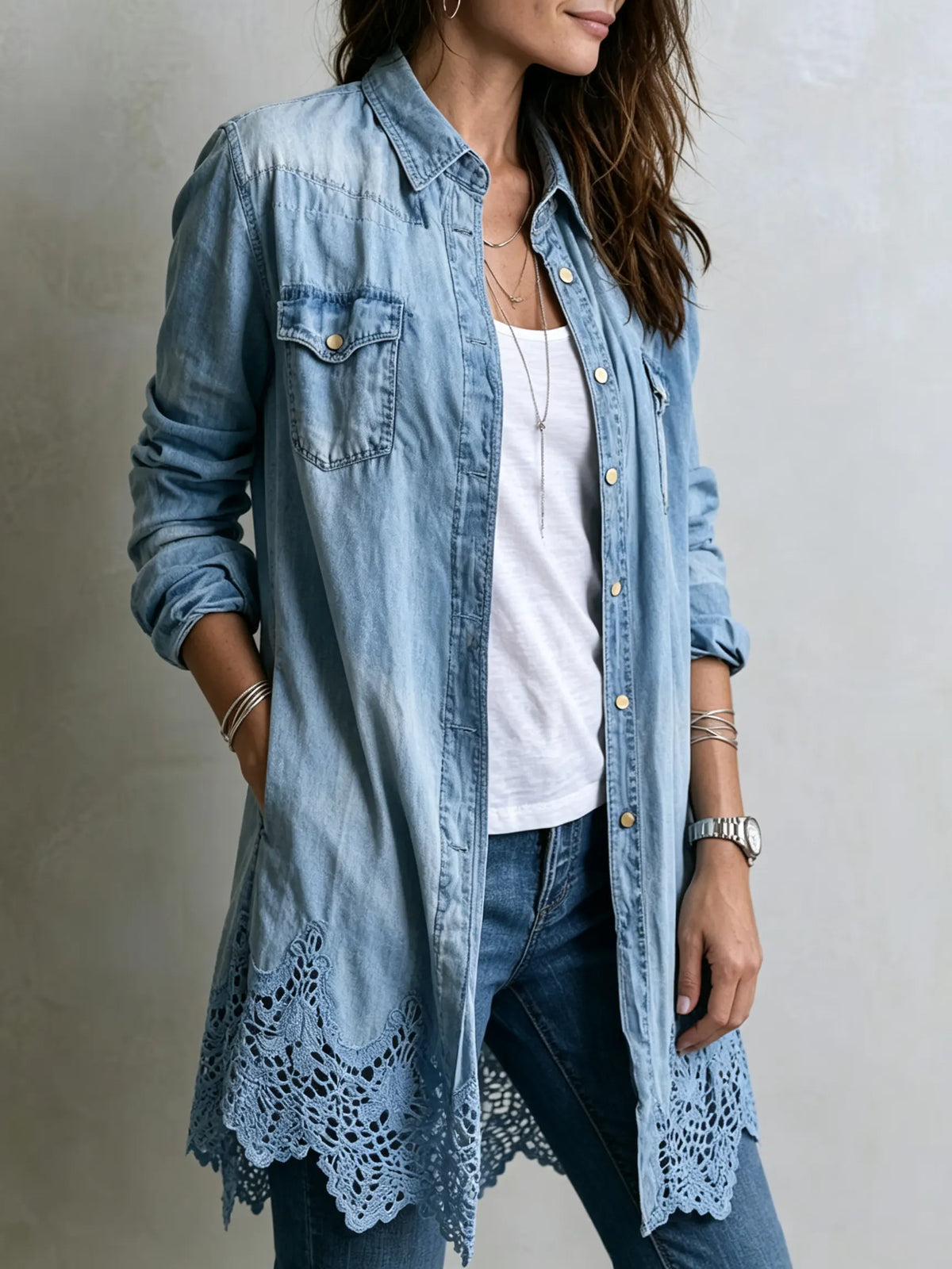 Women's Longline Lace-Trim Denim Shirt