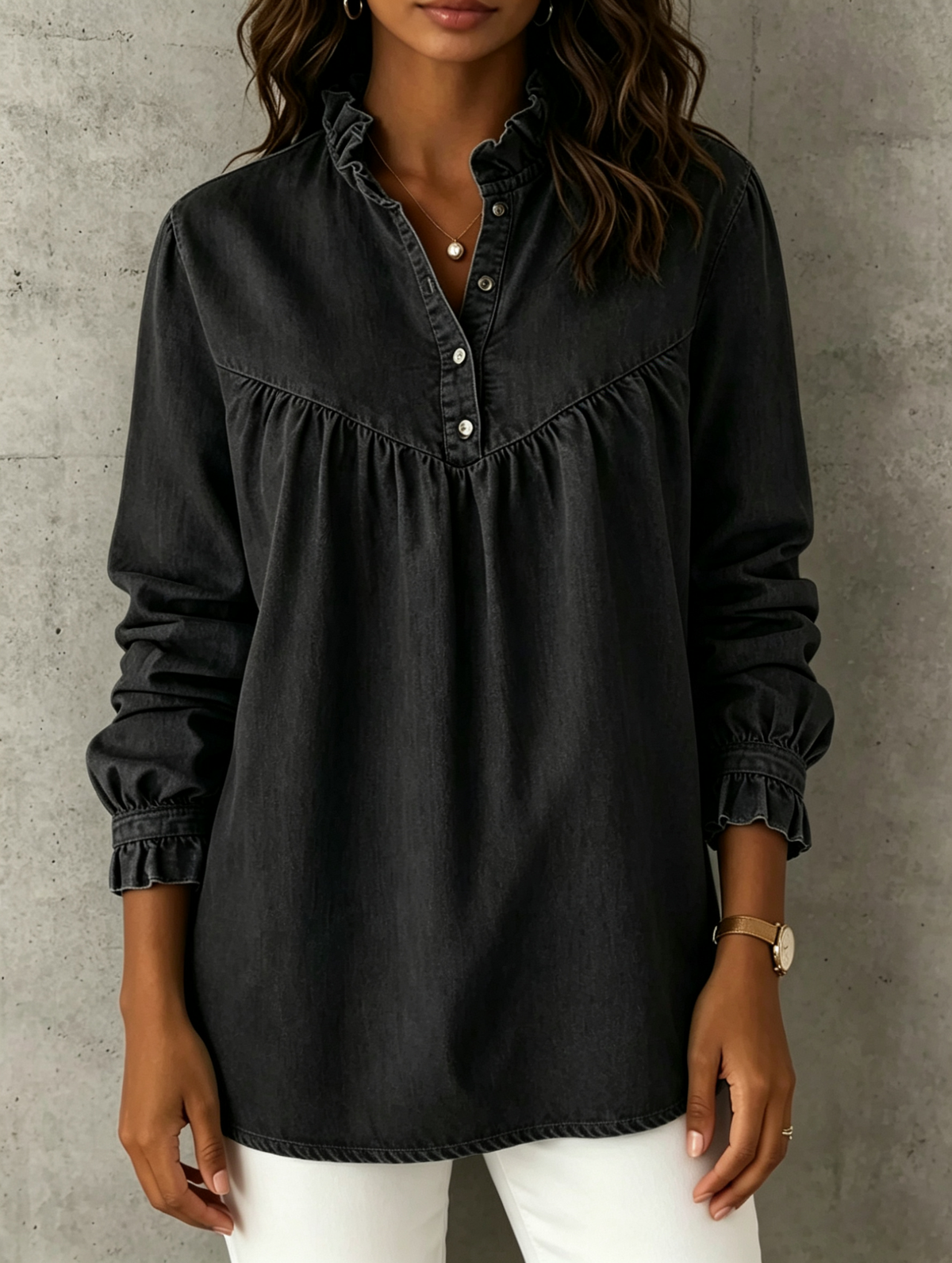Loose-fit Denim Shirt Featuring A Stand Collar With Lettuce-edge Trim, A Partial Button Placket, Front Shirring, And Long Sleeves With Ruffled, Cinched Cuffs