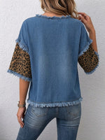 Casual Denim Top With Leopard-print Sleeve Panels And Raw Edges