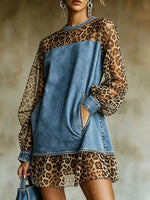 Women's Leopard Mesh Panel Denim Tunic Dress