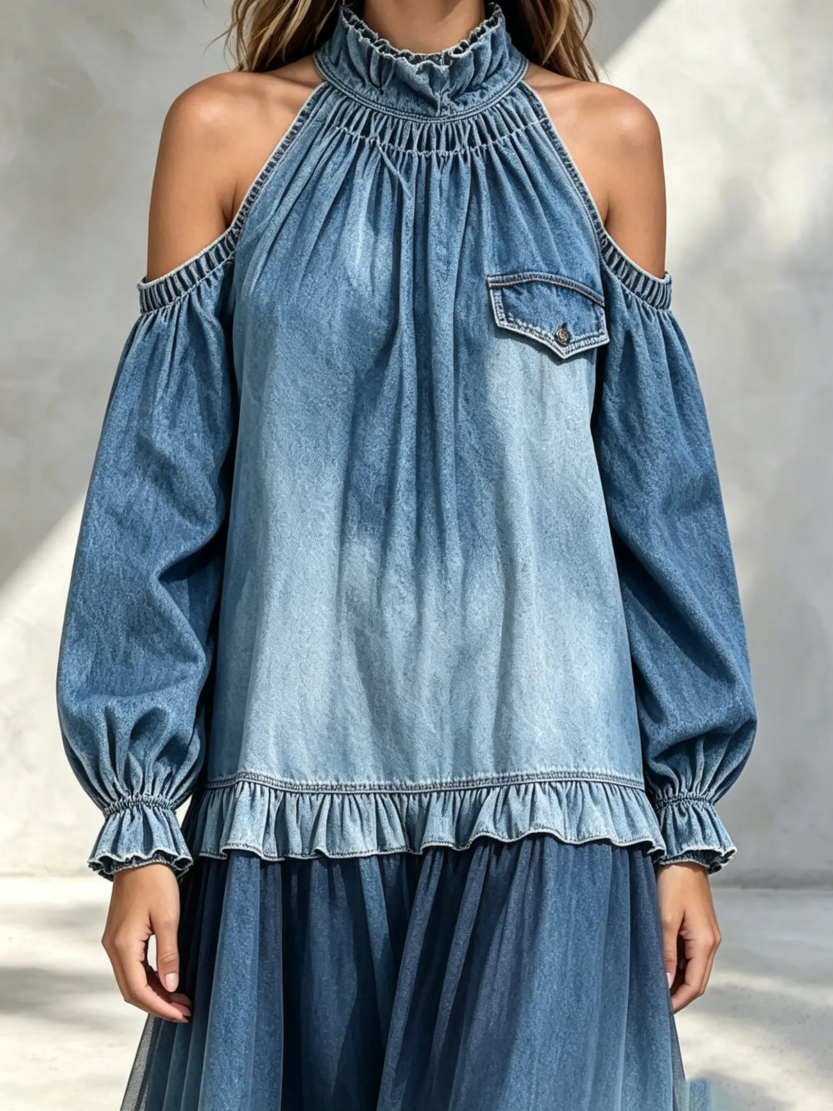 Women Gradient Denin Solid Halter Cold Shoulder Tiered Maxi Dress
