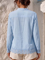 Women's Solid-color Stand-collar Long-sleeve Loose-fit Cotton-linen Shirt With Lace Paneling