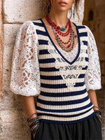 Vintage Elegant Openwork Lace Patchwork Knit Puff Sleeve Shirt Top