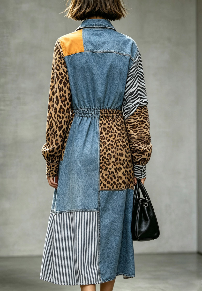 Retro Chic Leopard Denim Patchwork Loose Art Stylish Casual Long Sleeve Midi Dress