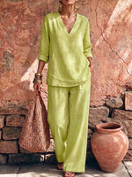 Women's Solid Color V-neck Long-sleeve Casual Loose Cotton-linen Top And High-waisted Wide-leg Pants Set