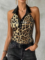 Stylish Sleeveless Knit Top With Sequins And Leopard Print