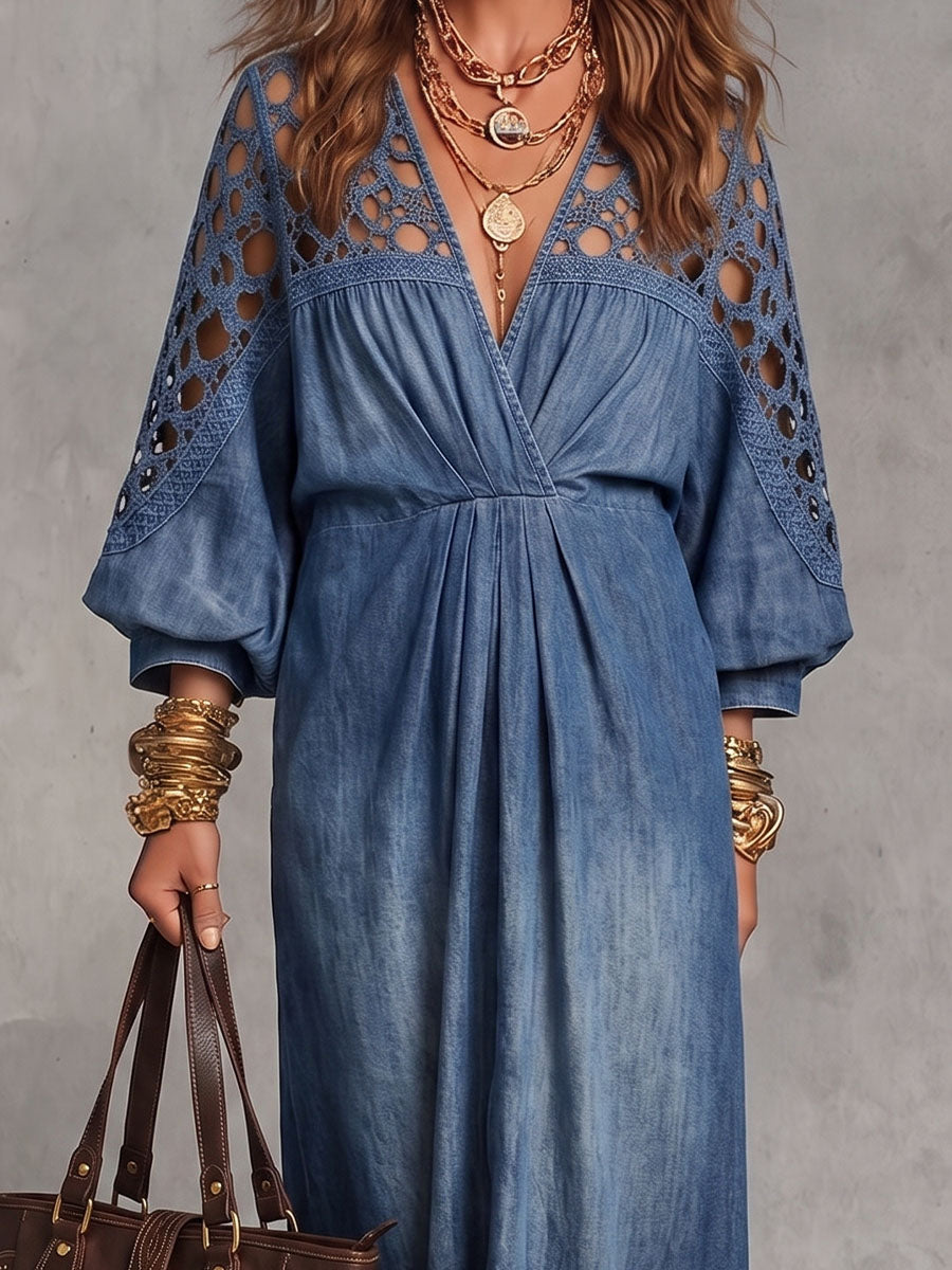 Vintage Elegant Denim Cut-Out Lace Patchwork Dress