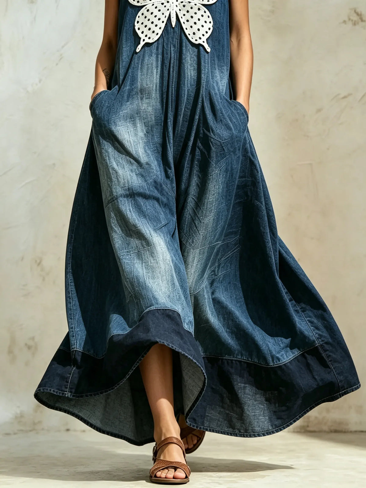 Women Denim Polka Dot Butterfly Applique Stand Collar Sleeveless Maxi Dress