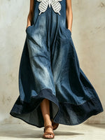 Women Denim Polka Dot Butterfly Applique Stand Collar Sleeveless Maxi Dress