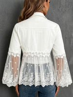 Washed Denim And Lace-panel Button-up Cardigan Jacket With A Collar