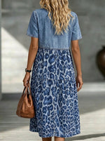 Women’s Leopard Print Patchwork Tiered Short Sleeve Denim Shirt Midi Dress