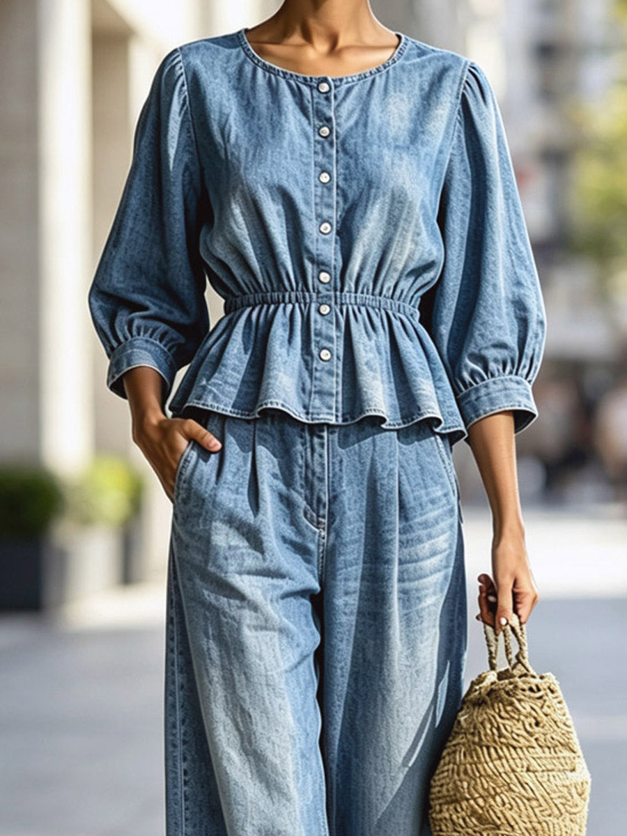 Ruffle Round Neck Button Art Casual Top And Pants Denim Two-piece Set