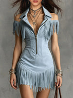 Suede-look Off-shoulder Mini Dress Featuring A Fold-over Collar, Half-zip, Fringe Detailing, And A Fitted, Waist-cinching Silhouette