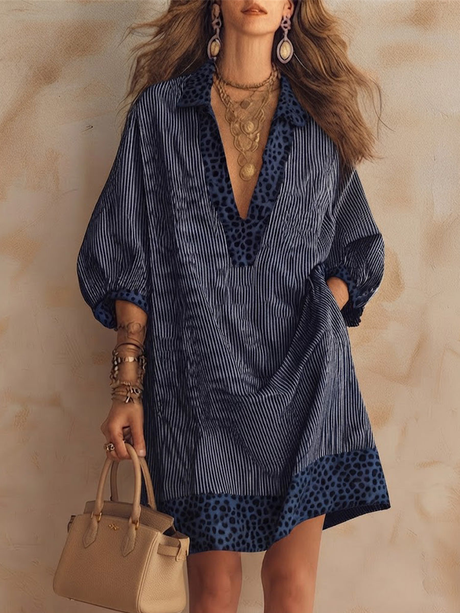 Casual Drop-shoulder Dress Featuring Vertical Stripes, An All-over Leopard Print, And Contrasting-color Panels At The Collar, Cuffs, And Hem