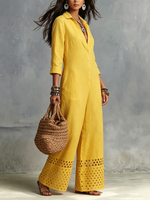 Boho-chic Yellow Cut-out Hems Cotton-linen Jumpsuit