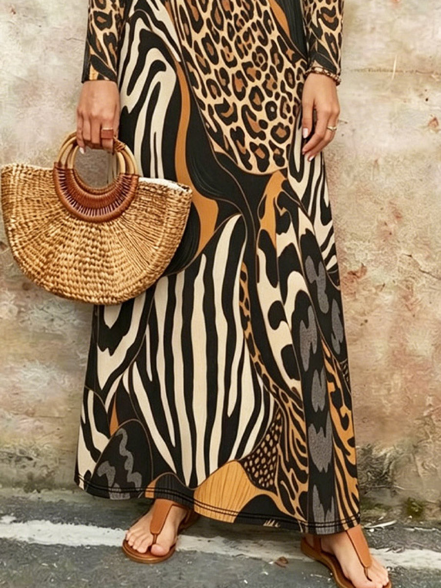 Women's Leopard Pattern Art Casual Stylish Long Sleeve Dress