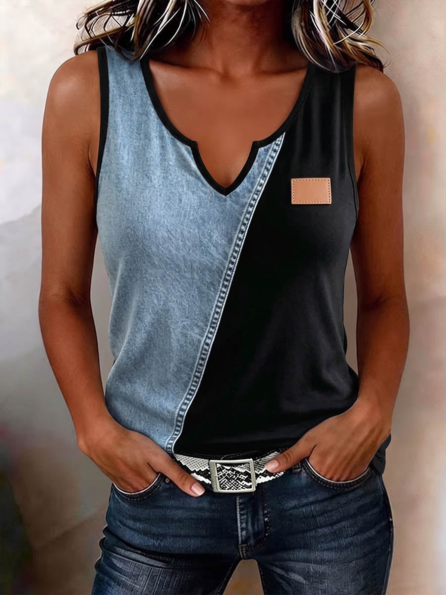 Women's V-neck Sleeveless Casual Loose-fit Color-block Panel Top