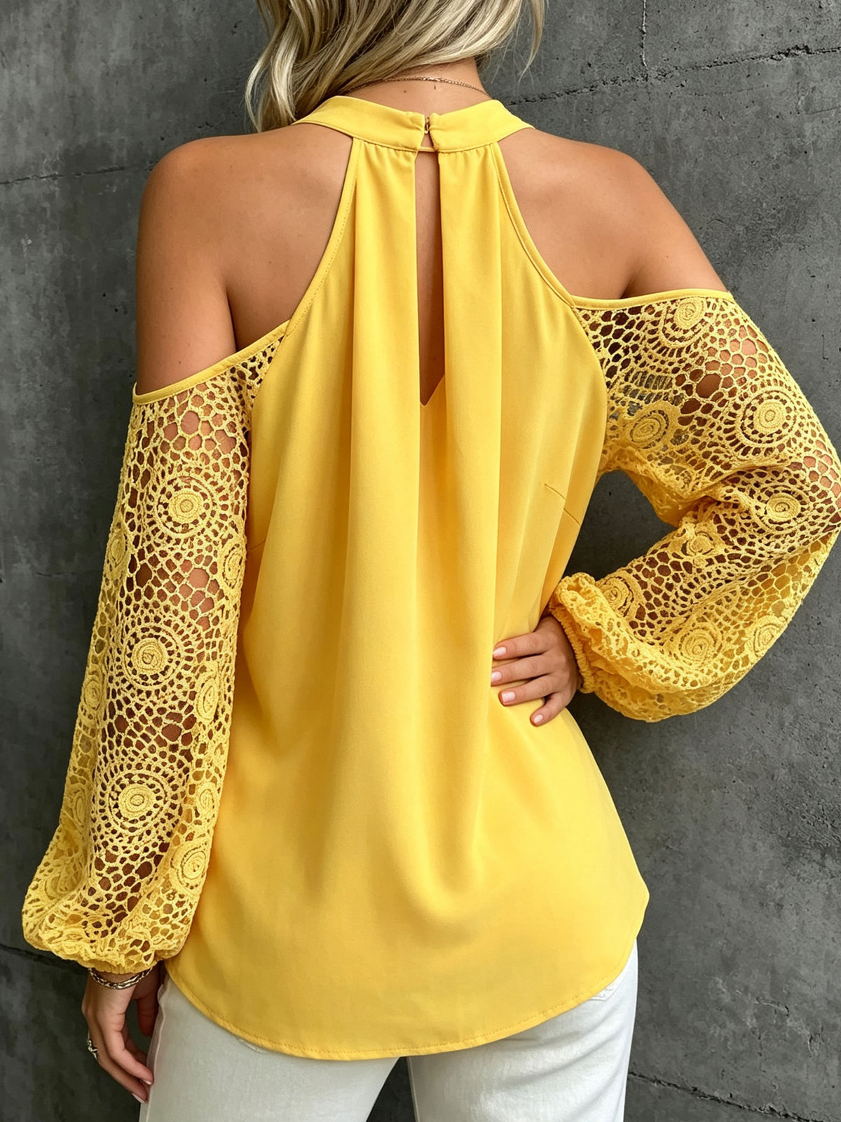 Women’s Halter Cold Shoulder Crochet Lace Puff Long Sleeve Blouse