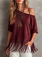Loose-fit, Short-sleeved Faux Suede Top With An Asymmetrical Off-shoulder Neckline And A Fringed Hem