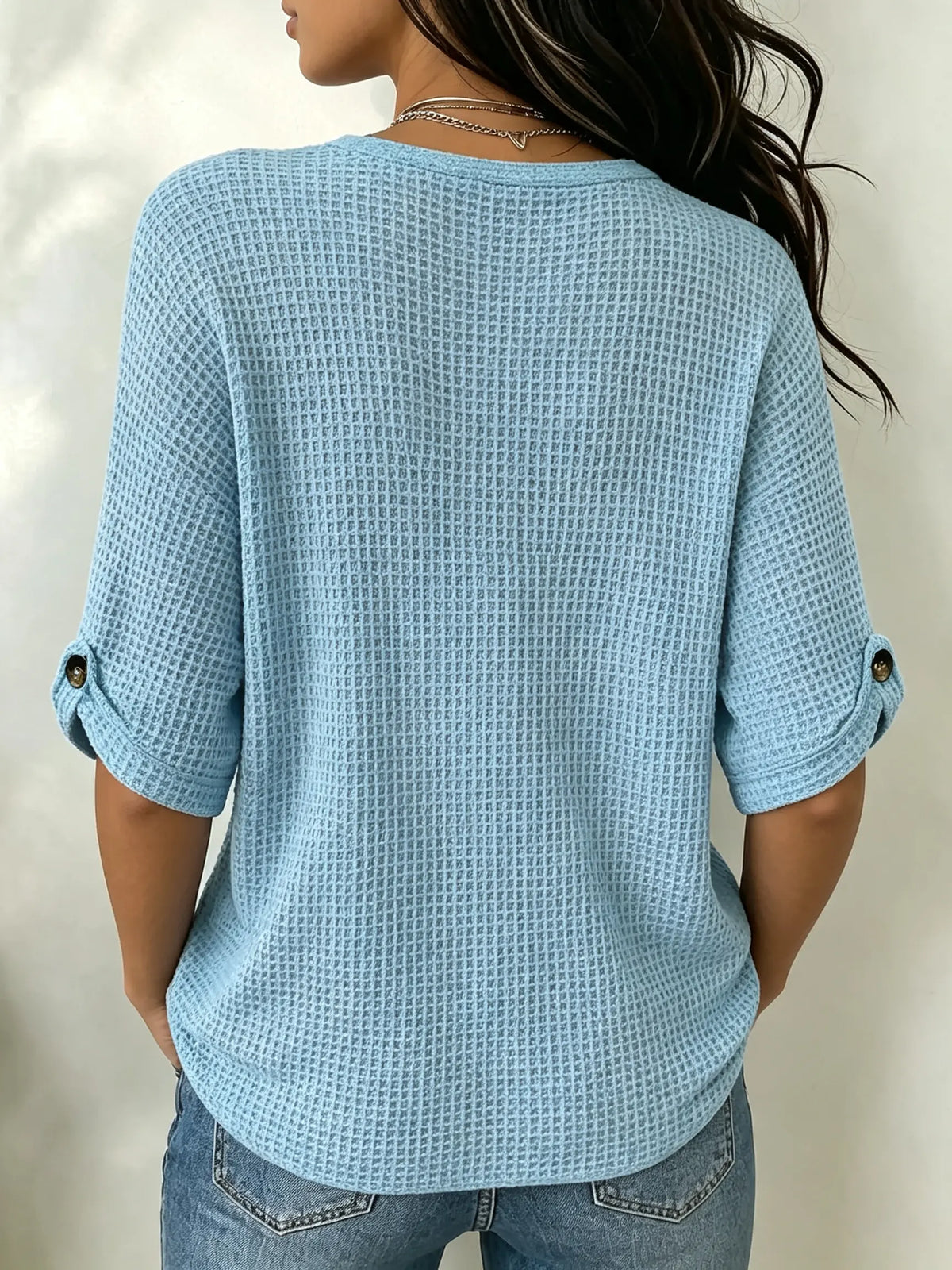 Women's Waffle Knit Button-Sleeve Top