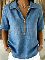 Women’s Half Zip Collared Short Sleeve Light Wash Denim Blouse