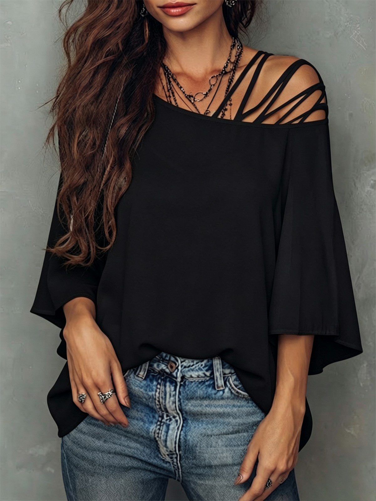 Loose-fit Top Featuring A Spliced asymmetrical Neckline, Abstract Line-art Face Graphic, Dropped Shoulders, And Flared Mid-length Sleeves