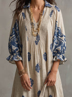 Vintage Art Comfortable Fabrics Cotton Linen Patterned Print Dress