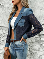 Women's Solid Hollow Lace Spliced Denim Cropped Blazer Jacket