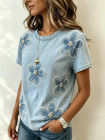 Women's Denim Pearl Floral Appliqué T-Shirt