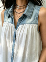 Women's Denim Patchwork Sleeveless Button-Down Top