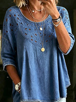 Women’s Floral Eyelet Embroidery 3/4 Sleeve Loose Denim Tunic Top