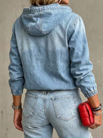 Wash Denim Hooded Half Zip Drawstring Cuff Long Sleeve Loose Pullover