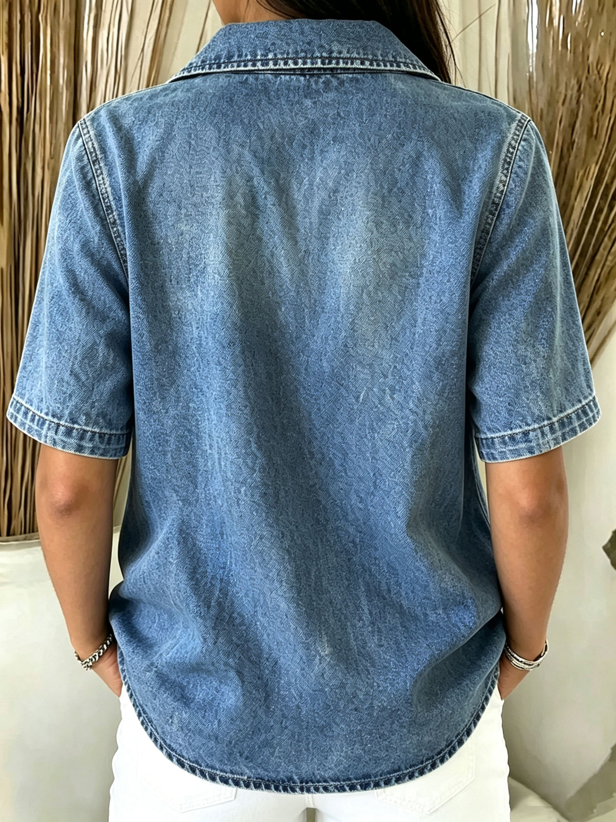 Women’s Half Zip Collared Short Sleeve Light Wash Denim Blouse