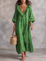 Boho Ruffled Cotton-linen Dress With Pockets
