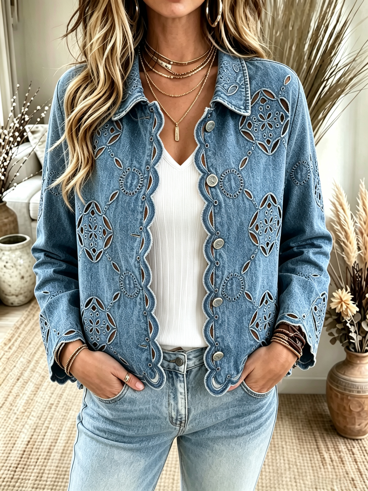 Women's Cutout Scalloped Denim Jacket