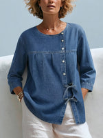 Washed Denim Round Neck Diagonal Button Bust Gathered Side Tie 3/4 Sleeve Loose Casual Blouse