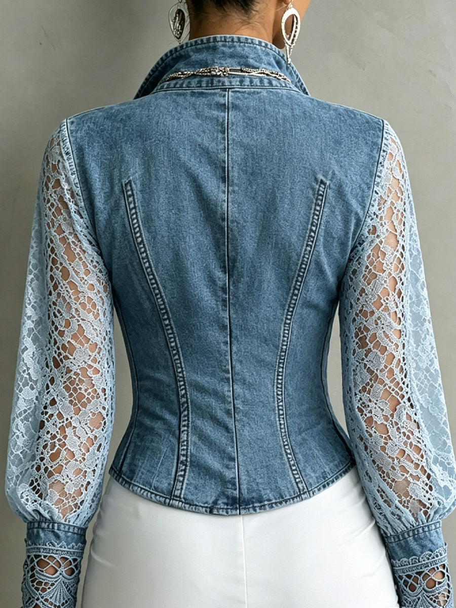 Retro Denim & Lace Patchwork Hollow Zip Long Sleeve Art Casual Stylish Shirt