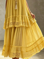 Women's Solid Dobby Dot Hollow Lace Halter Tiered Cake Vacation Maxi Dress